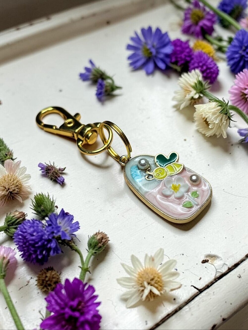 Cute Floral Enamel Keychain Charm - Pastel Pink & Blue